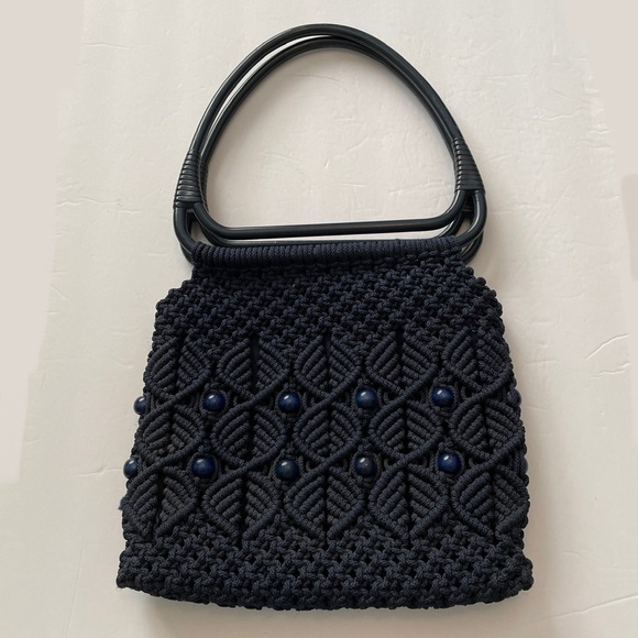 Macramé Crochet Handbag Acrylic Handles BOHO Retro Excellent - Picture 2 of 7